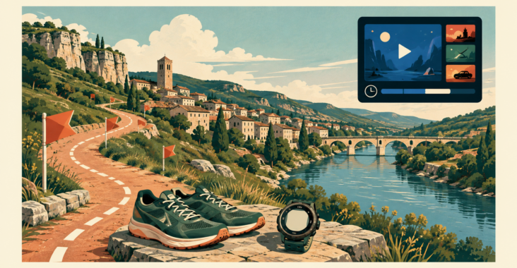 Parcours vallonné au Teil, chaussures et montre de course avec un petit écran de loisir réglé dans le temps.